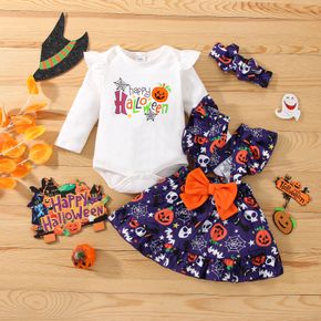 Halloween 3pcs Baby Girl 95% Cotton Long-sleeve Graphic Romper and Bow Front Allover Print Ruffle Trim Overall Dress with Headband Set