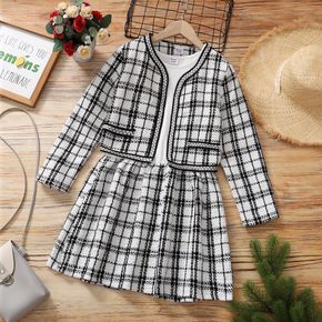 2-piece Kid Girl White Plaid Tweed Splice Long-sleeve Dress and Cardigan Jacket Set