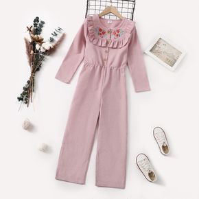 Kid Girl Floral Embroidered Ruffle Button Design Long-sleeve Pink Jumpsuits