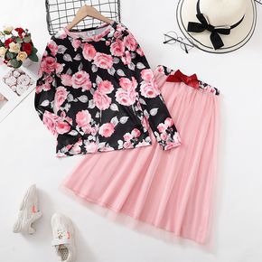 2-piece Kid Girl Floral Print Long-sleeve Tee and Bowknot Design Mesh Skirt Set