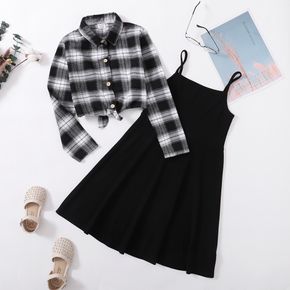2-piece Kid Girl Black Cami Dress and Plaid Lapel Collar Button Design Jacket Set