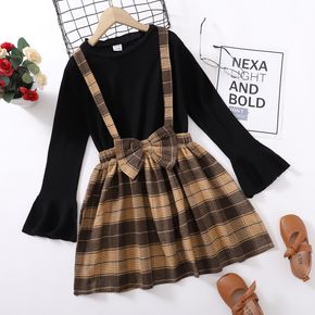 2-piece Kid Girl Long Bell sleeves Black Top and Bowknot Design Plaid Suspender Skirt Set