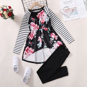 2-piece Kid Girl Floral Print Striped Long-sleeve High Low Top and Black Pants Set