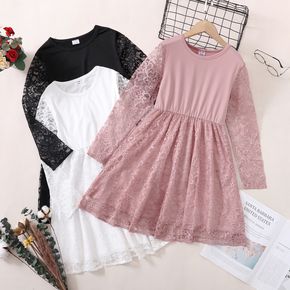 Kid Girl Lace Design Solid Color Long-sleeve Dress