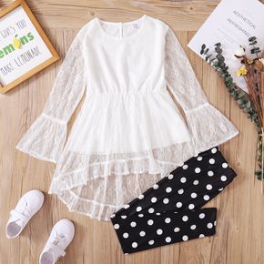 2-piece Kid Girl Lace Design High Low Long-sleeve White Top and Polka dots Black Leggings Set