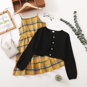2-piece Kid Girl Button Design Black Cardigan and Strap Plaid Dress Set