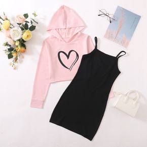 2-piece Kid Girl Heart Print Pink Hoodie Sweatshirt and Black Cami Dress Set