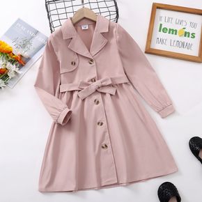 Kid Girl Lapel Collar Single-Breasted Belted Trench Coat