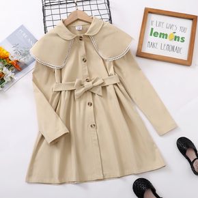 Kid Girl Lace Trim Doll Collar Button Design Belted Khaki Trench Coat