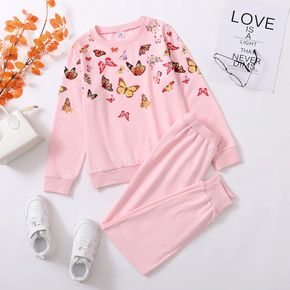 2-piece Kid Girl Butterfly Print Pullover Sweatshirt and Pink Pants Set
