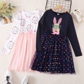 Easter Kid Girl Rabbit Print Bowknot Glitter Design/Heart Print Long-sleeve Mesh Splice Dress