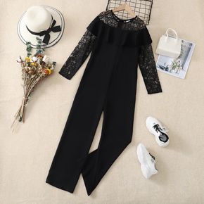 Kid Girl Mesh Design Flounce Long-sleeve Black Jumpsuits