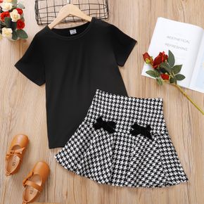 2-piece Kid Girl Long-sleeve Black Tee and Bowknot Design Houndstooth Skirt Set