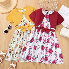 2-piece Kid Girl Floral Print Bowknot Design Sleeveless Dress and Solid Color Cardigan Set