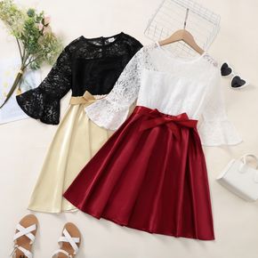 Kid Girl Lace Design Colorblock Belted Long-sleeve Dress