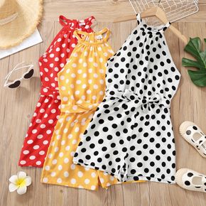 Kid Girl Polka dots Belted Sleeveless Halter Rompers Jumpsuits Shorts