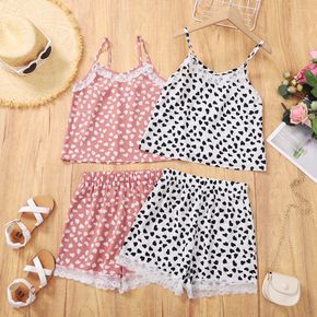 2-piece Kid Girl Heart Print Lace Design Camisole and Elasticized Shorts Set