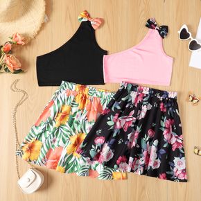 2-piece Kid Girl Bowknot Design One Shoulder Tank Top and Floral Print Skirt Set
