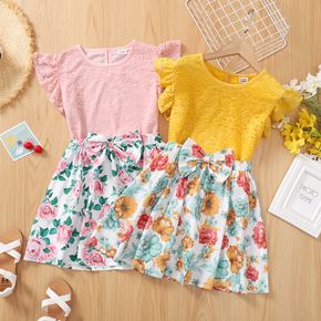 2-piece Kid Girl Lace Design Flutter-sleeve Tee and Floral Print Skirt Set