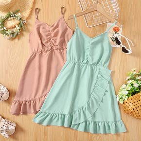 Kid Girl Solid Color Ruffled Wrap Cami Dress