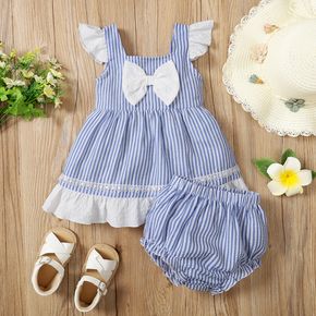 2pcs Baby Girl Blue Striped Flutter-sleeve Bowknot Ruffle Dress with Shorts Set