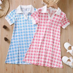 Kid Girl Houndstooth Pattern Lapel Collar Short-sleeve Dress