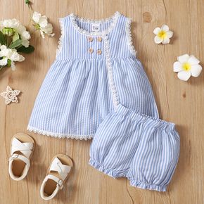 2pcs Baby Girl Blue Striped Lace Sleeveless Tank Top and Bloomers Shorts Set