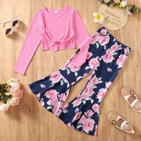 2pcs Kid Girl Ribbed Tie Knot Long-sleeve Tee and Floral Print Flared Pants Set
