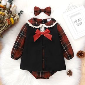 100% Cotton 2pcs Baby Girl Red Plaid Doll Collar Long-sleeve Splicing Party Romper Set