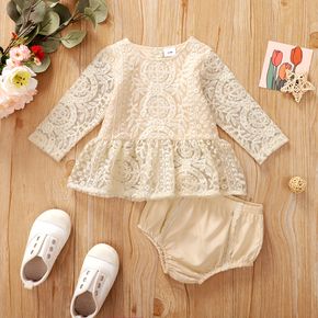 100% Cotton 2pcs Baby Girl Beige Lace Long-sleeve Top and Shorts Set
