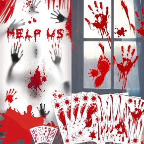 2-pack Halloween Bloody Footprint Stickers Bloody Handprint Floor Clings Window Wall Decals for Halloween Vampire Zombie Party Decorations Supplies