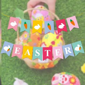 Colorful Easter Banner Easter Bunny Carrot Hanging Bunting Garland Banner Easter Party Decor Supplies