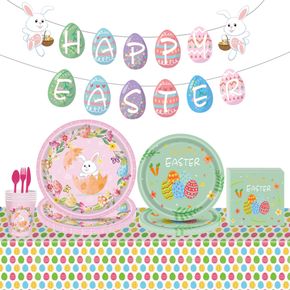 Easter Decoration Happy Easter Eggs Bunny Rabbit Banner and Disposable Tableware Napkin Set Easter Home Party Decor Supplies