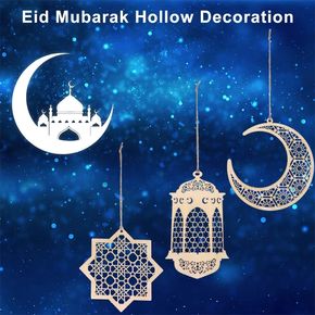 Wooden Pendant Ornament Hanging Plaque Sign for Islam Ramadan Kareem Eid Mubarak Hollow Decoration