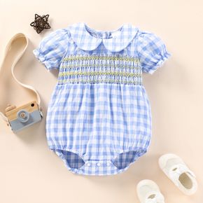 Summer Picnic Baby Girl Plaid Doll Collar Shirred Short-sleeve Blue Romper