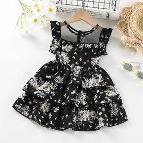 Mini Lady Baby Girl Floral Allover Mesh Splice Flutter-sleeve Black Dress