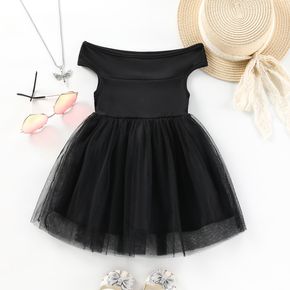 Mini Lady Baby Girl Ribbed Mesh Layered Off Shoulder Black Dress