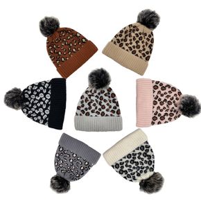 Leopard Print Removable Pompon Decor Knit Beanie Hat for Mom and Me
