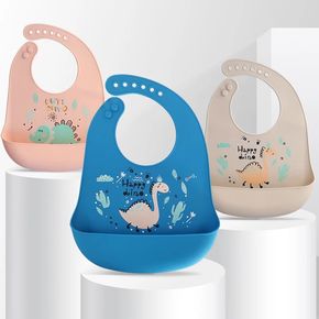 Silicone Baby Bibs Soft Adjustable Waterproof Cartoon Silicone Bibs with Food Catcher Pocket Easily Wipe Clean