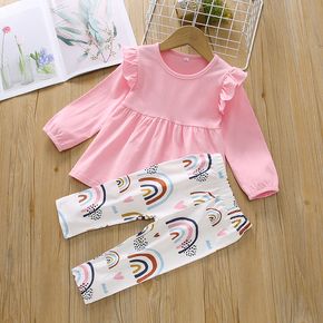 2-piece Toddler Girl Ruffled Loose Long-sleeve Pink Top and Rainbow Print Elasticized Pants Casual Set