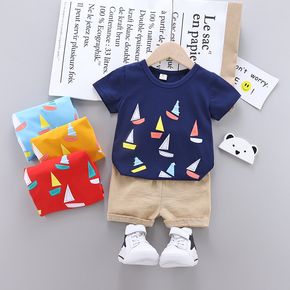 2pcs Baby Boy 95% Cotton Short-sleeve All Over Sailboat Print Tee and Solid Shorts Set