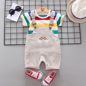 2pcs Baby Boy 95% Cotton Short-sleeve Striped Tee and Rainbow Overalls Shorts Set