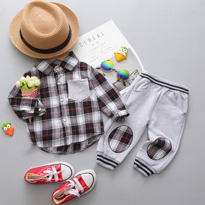 2pcs Baby Cotton Long-sleeve Plaid Shirt and Trousers Set