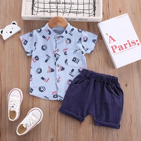 2pcs Baby Boy 95% Cotton Short-sleeve All Over Letter Print Button Up Shirt and Solid Shorts Set
