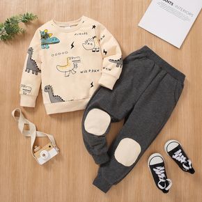 2-piece Toddler Boy Letter Dinosaur Print Pullover Sweatshirt and Patchwork Pants Set