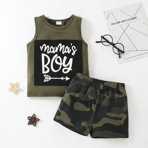Mother's Day 2pcs Toddler Boy Letter Print Tank Top & Camouflage Print Shorts Set