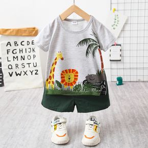 Set di 2 pezzi di t-shirt a maniche corte e pantaloncini a tinta unita con animali dei cartoni animati del neonato