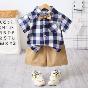 2pcs Baby Boy Short-sleeve Bow Tie Plaid Shirt and Solid Shorts Set