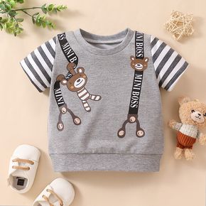 Baby Boy/Girl Striped Short-sleeve Cartoon Animal Print Grey Top