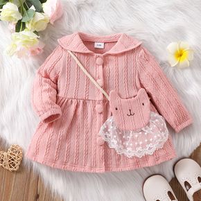 2pcs Baby Girl Pink Cable Knit Long-sleeve Button Up Outwear with Crossbody Bag Set